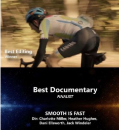 Bicyclist in racing gear above title of Best Documentary